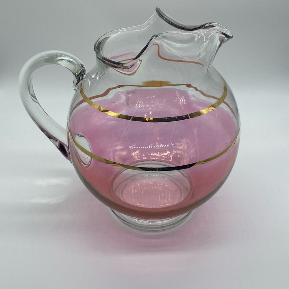 Large Vintage Glass Pitcher Cranberry Gold Accents 12 Cup. No chips or cracks.